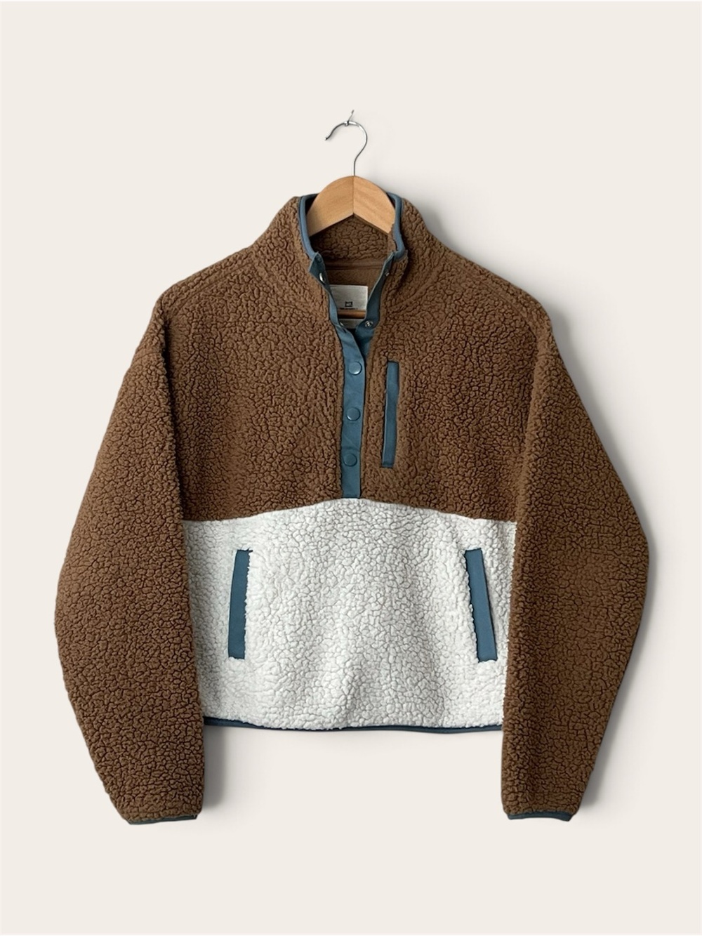 Thread & Supply Sherpa Fleece Snap Pullover Brown Cream Colorblock XS
